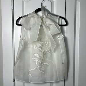 RICH RADI Q'S NEW YORK Silk White Embroidered Tie-Neck Blouse
